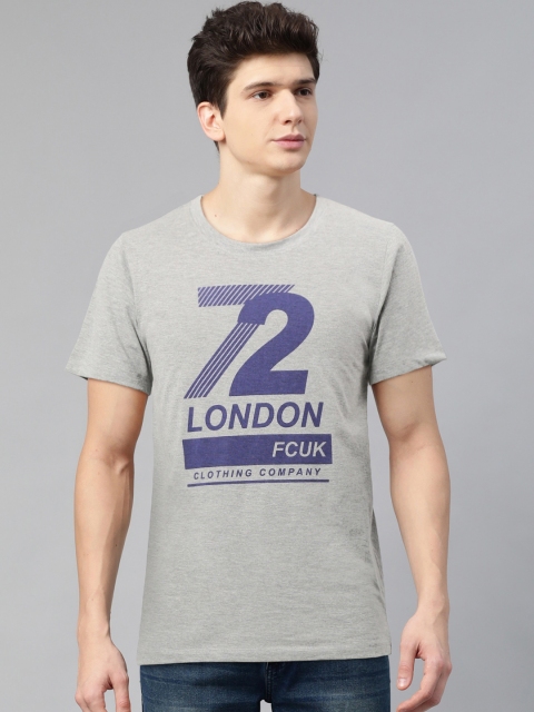 

French Connection Men Grey Melange & Blue Printed Round Neck T-shirt