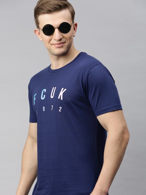 

French Connection Men Navy Blue Printed Slim Fit Round Neck T-shirt