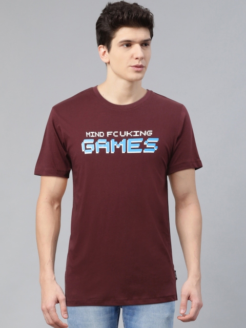 

French Connection Men Burgundy & Blue Printed Round Neck T-shirt