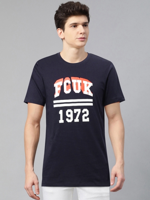 

French Connection Men Navy Blue & White Printed Round Neck T-shirt