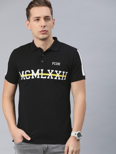 

French Connection Men Black Printed Polo Collar T-shirt