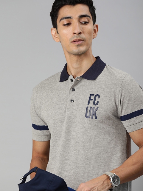 

French Connection Men Grey Melange Slim Fit Solid Contrast Polo Collar T-shirt