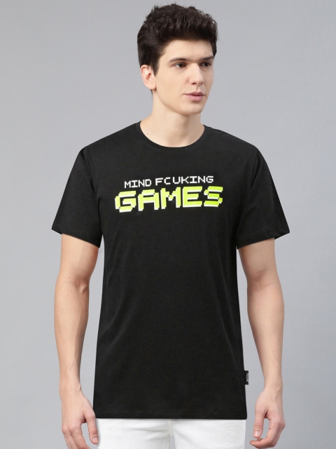 

French Connection Men Black & Lime Green Printed Round Neck T-shirt