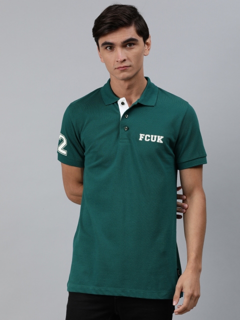 

French Connection Men Teal Green Solid Polo Collar Pure Cotton T-shirt