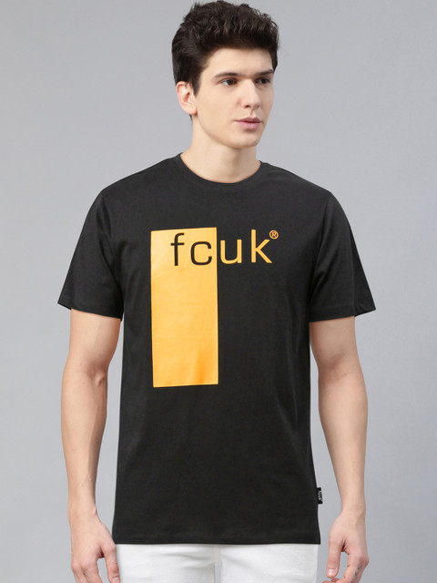 

French Connection Men Black & Yellow Printed Round Neck T-shirt
