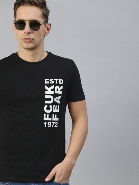 

French Connection Men Black Printed Round Neck Pure Cotton T-shirt