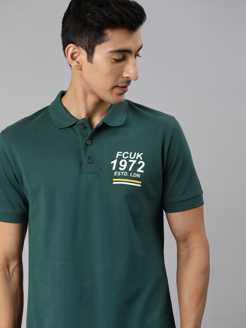 

French Connection Men Green Slim Fit Solid Polo Collar T-shirt with Printed Detail