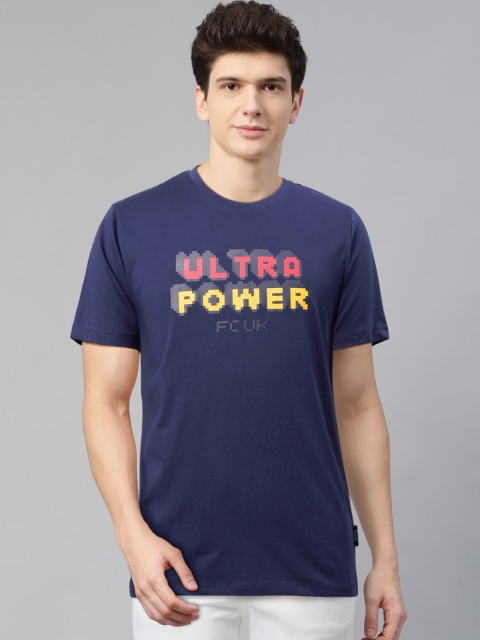 

French Connection Men Navy Blue Pink Printed Round Neck Pure Cotton T-shirt