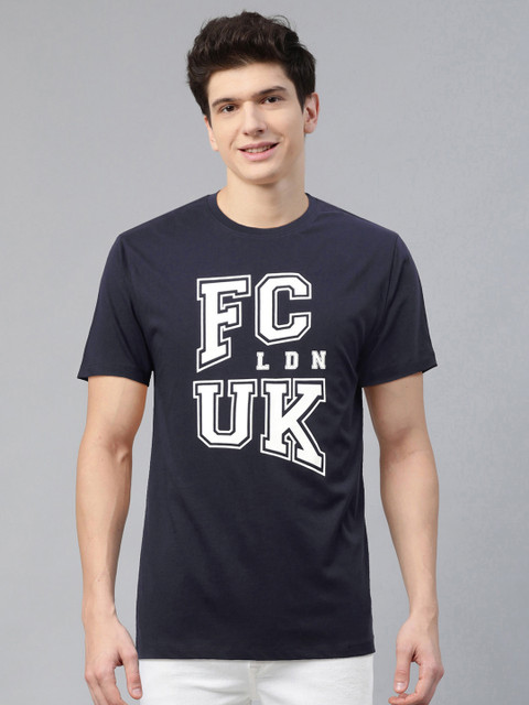 

French Connection Men Navy Blue White Typography Printed Round Neck Pure Cotton T-shirt