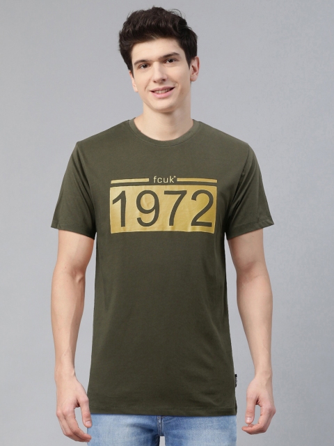 

French Connection Men Olive Green & Yellow Printed Round Neck T-shirt