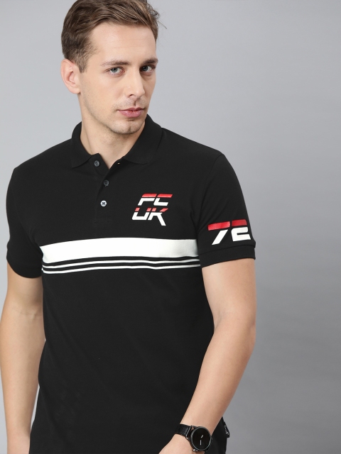

French Connection Men Black Striped Slim Fit Polo Collar T-shirt