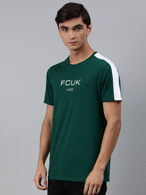 

French Connection Men Teal Green Printed Round Neck Side Striped Pure Cotton T-shirt