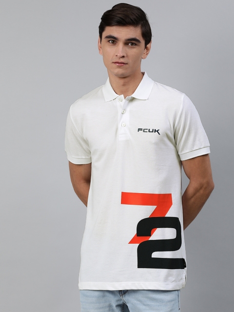 

French Connection Men White Slim Fit Placement Printed Polo Collar T-shirt