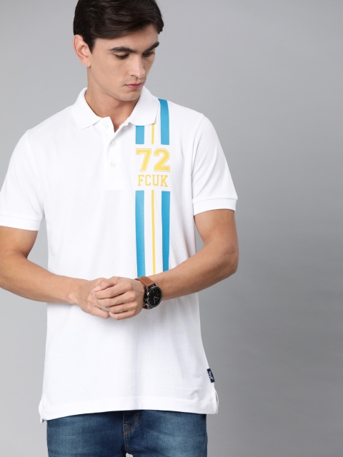 

French Connection Men White Printed Polo Collar T-shirt