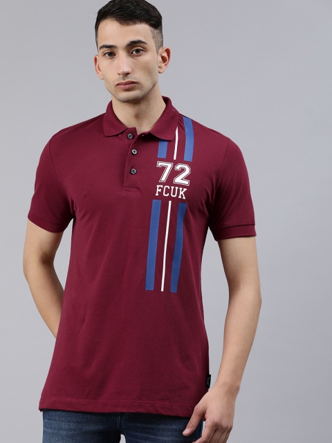 

French Connection Men Maroon Printed Polo Collar Pure Cotton T-shirt