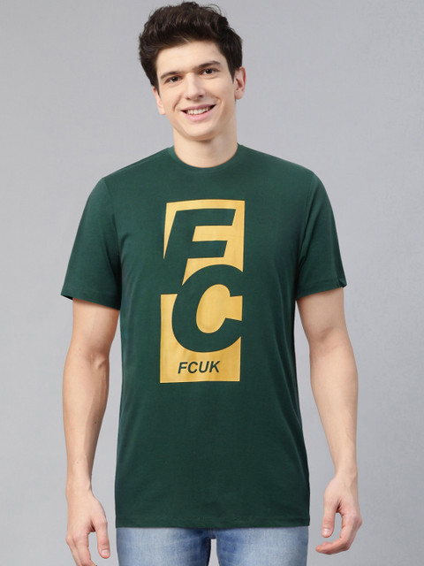 

French Connection Men Green & Mustard Yellow Brand Logo Printed Round Neck T-shirt