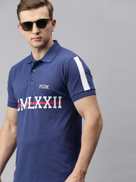 

French Connection Men Navy Blue Printed Slim Fit Polo Collar Pure Cotton T-shirt