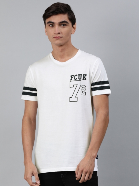 

French Connection Men White Printed Round Neck Pure Cotton T-shirt