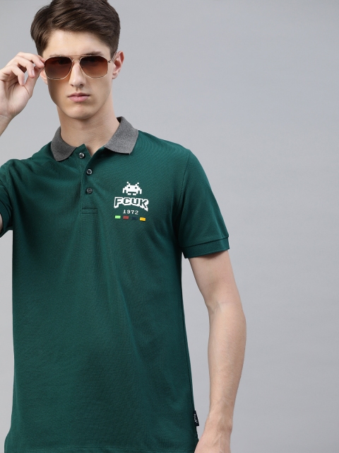 

French Connection Men Teal Green Solid Slim Fit Polo Collar Pure Cotton T-shirt