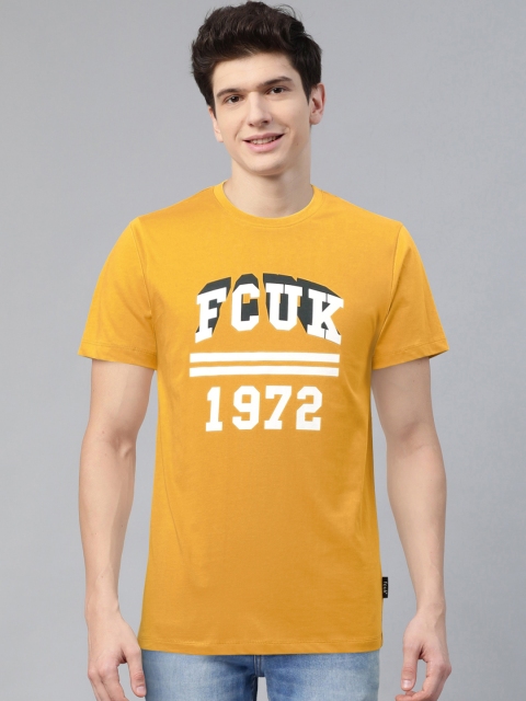 

French Connection Men Mustard Yellow White Brand Logo Printed Round Neck Pure Cotton T-shirt