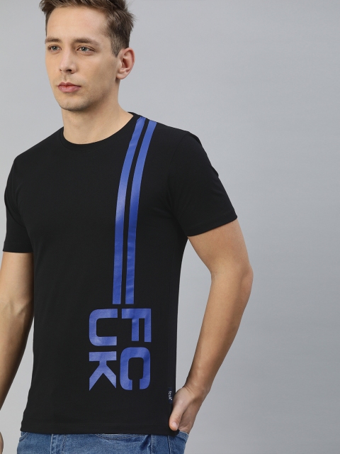 

French Connection Men Black Printed Round Neck Pure Cotton T-shirt