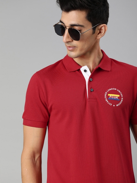 

French Connection Men Red Slim Fit Solid Polo Collar Pure Cotton T-shirt