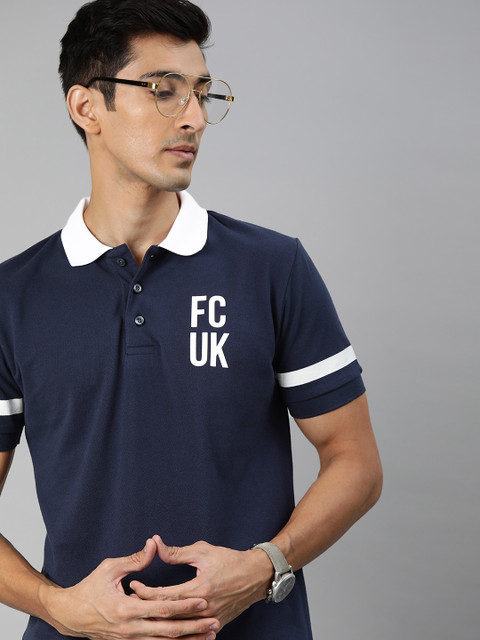 

French Connection Men Navy Blue Slim Fit Solid Contrast Polo Collar T-shirt with Print