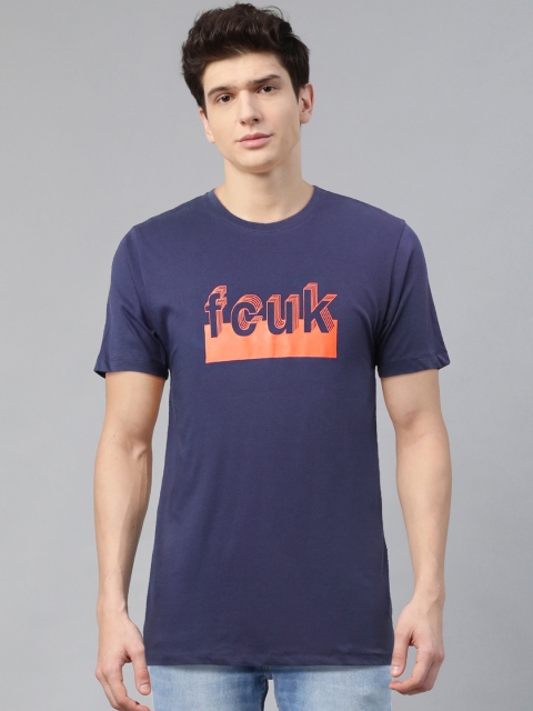

French Connection Men Blue & Orange Printed Round Neck T-shirt