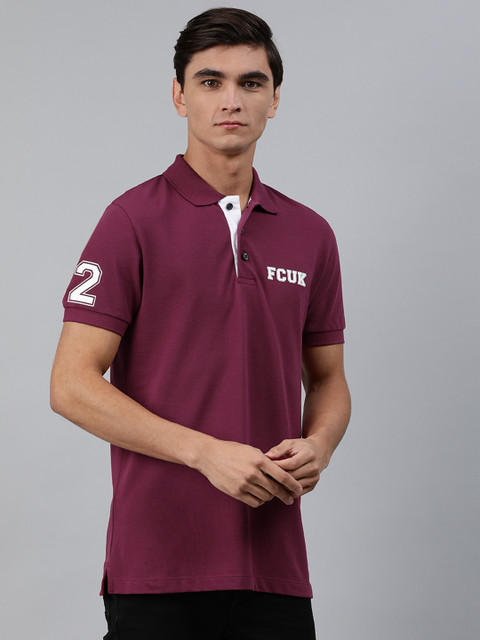 

French Connection Men Burgundy Slim Fit Solid Polo Collar Pure Cotton T-shirt with Printed Detail