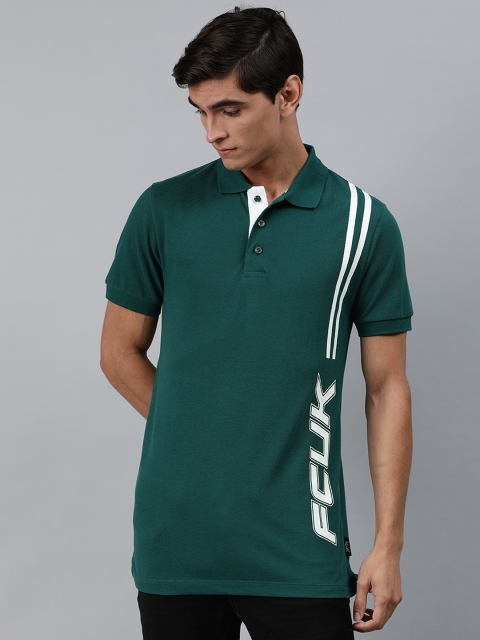 

French Connection Men Teal Green Printed Polo Collar Pure Cotton T-shirt