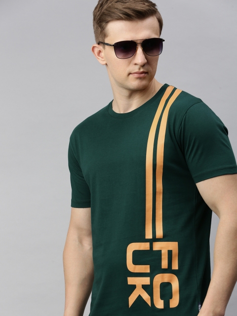 

French Connection Men Teal Green Printed Slim Fit Round Neck Pure Cotton T-shirt