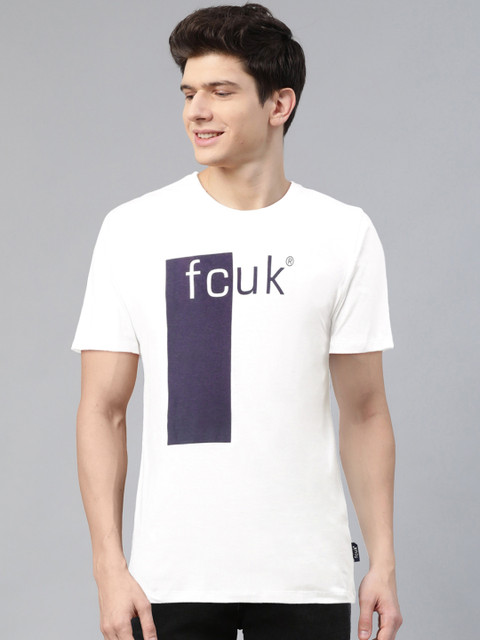

French Connection Men White Navy Blue Printed Round Neck Pure Cotton T-shirt