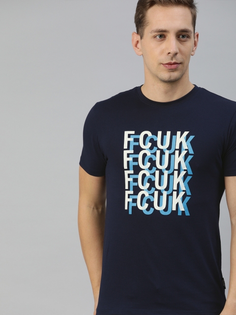 

French Connection Men Navy Blue Printed Round Neck Pure Cotton T-shirt