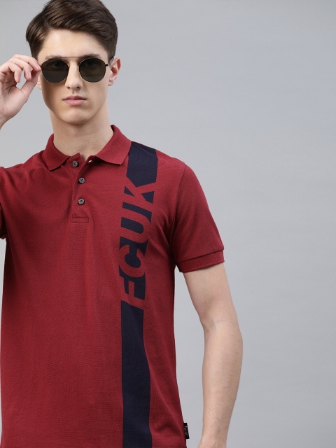 

French Connection Men Red Printed Slim Fit Polo Collar Pure Cotton T-shirt