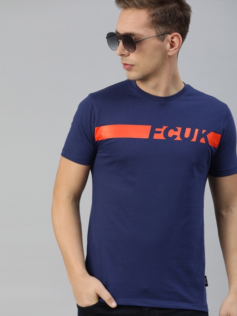 

French Connection Men Navy Blue Printed Round Neck Pure Cotton T-shirt