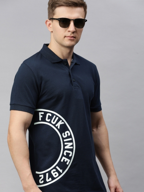 

French Connection Men Navy Blue Printed Slim Fit Polo Collar Pure Cotton T-shirt