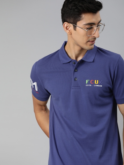 

French Connection Men Blue Slim Fit Solid Polo Collar Pure Cotton T-shirt