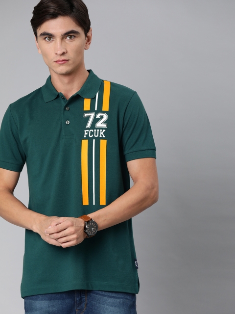 

French Connection Men Green Printed Polo Collar Pure Cotton T-shirt