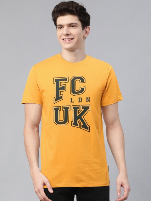 

French Connection Men Mustard Yellow Green Printed Round Neck Pure Cotton T-shirt