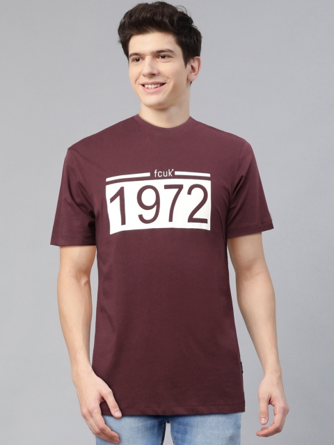 

French Connection Men Burgundy & White Printed Round Neck T-shirt