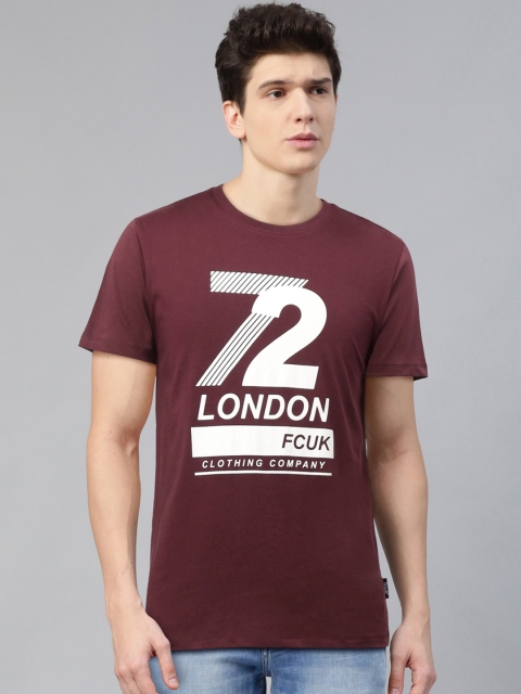 

French Connection Men Burgundy White Printed Round Neck Pure Cotton T-shirt