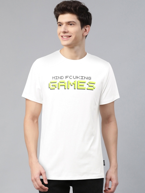 

French Connection Men White & Lime Green Printed Round Neck T-shirt