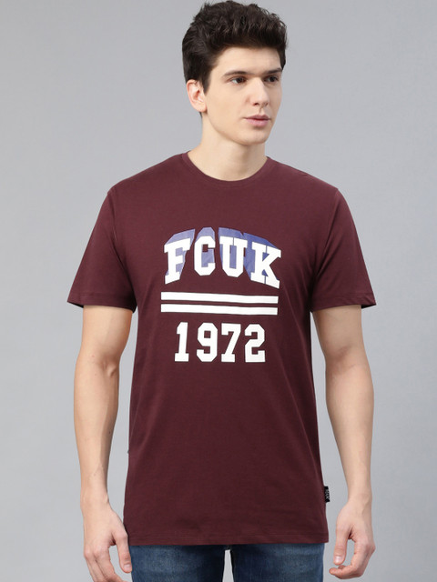 

French Connection Men Burgundy & White Brand Logo Printed Round Neck T-shirt