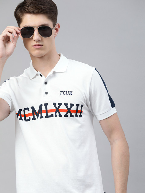 

French Connection Men White Printed Slim Fit Polo Collar T-shirt