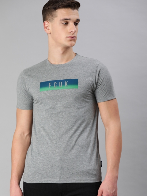 

French Connection Men Grey Melange Printed Round Neck T-shirt