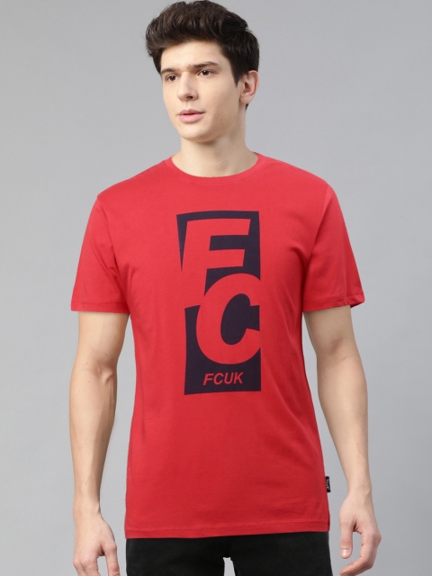 

French Connection Men Red Black Printed Round Neck Pure Cotton T-shirt