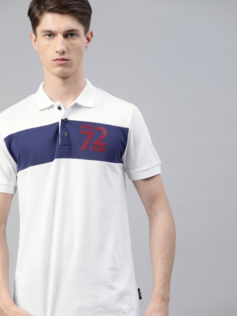 

French Connection Men White & Navy Blue Colourblocked Slim Fit Polo Collar T-shirt