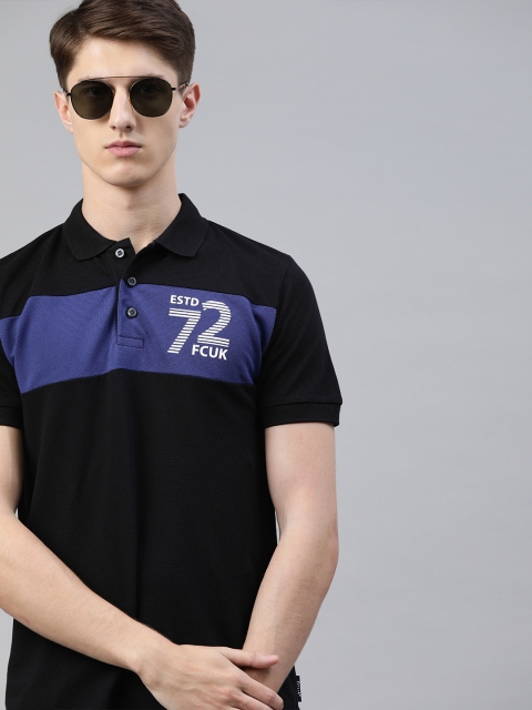 

French Connection Men Black Navy Blue Colourblocked Slim Fit Polo Collar Pure Cotton T-shirt