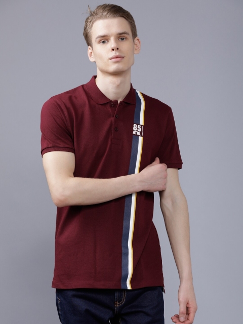 

The Indian Garage Co Men Burgundy Striped Polo Collar T-shirt