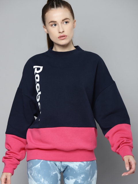 

Reebok Women Navy Blue & Pink Colourblocked TE Linear Logo Crew Sweatshirt